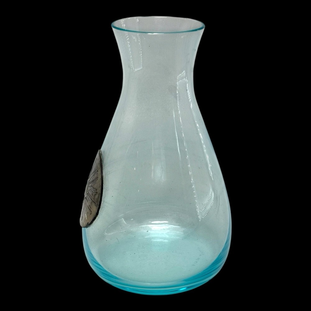 Artisan Handblown Aqua Glass Vase w/ Pewter Sunburst Medallion Signed "A 14/30" - Picture 4 of 10